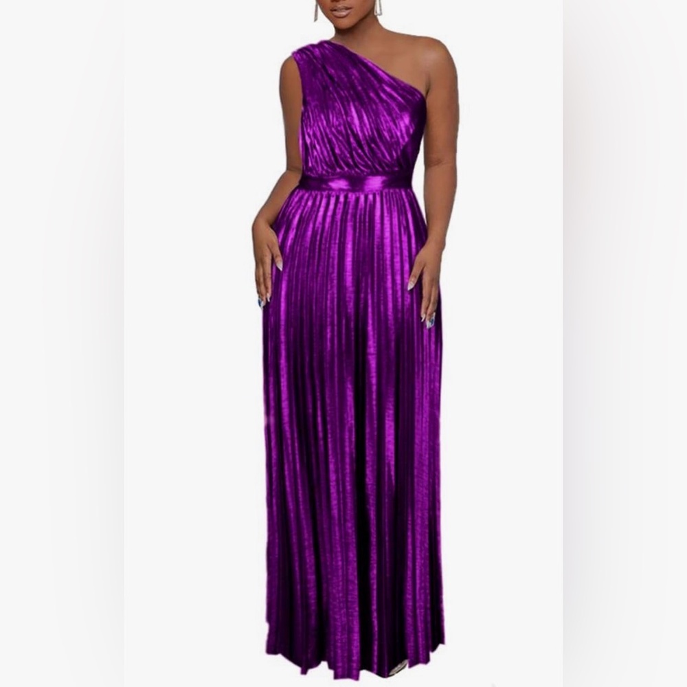 NWT - Metallic One Shoulder Sleeveless Elegant Pleated Long Dress